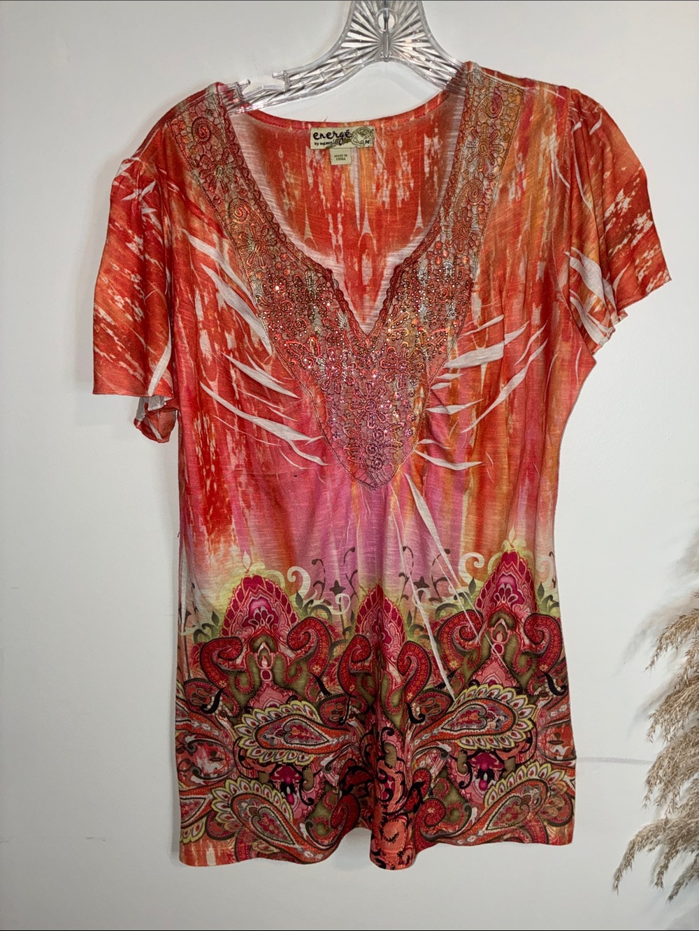 Energetic Orange Paisley Embellished V-Neck Tunic by Energi